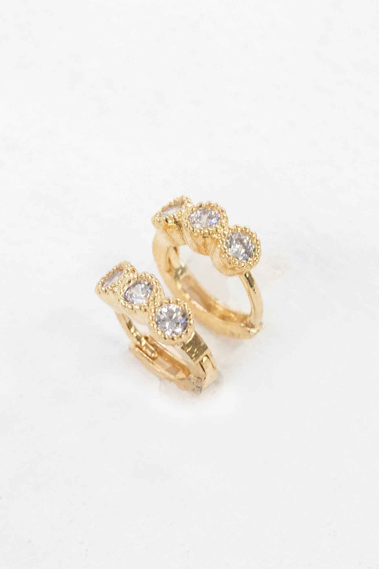 Three Stone Huggie Hoop Earrings | Gold