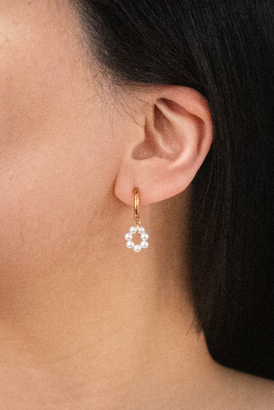 Pearl Circle Charm Huggie Hoop Earrings