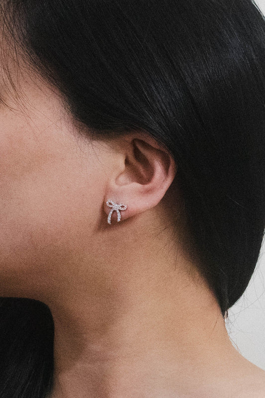 Stone Bow Stud Earrings | Silver