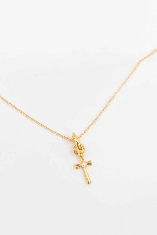 Pearl Cross Charm Necklace | Gold