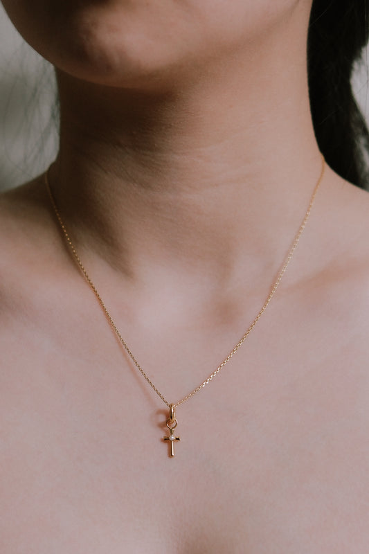 Pearl Cross Charm Necklace | Gold