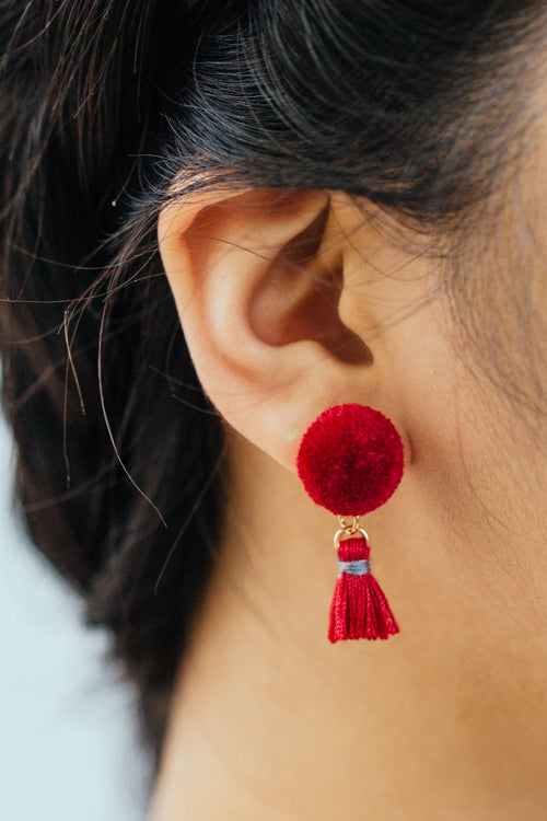 Pom Tassel Earrings | Red