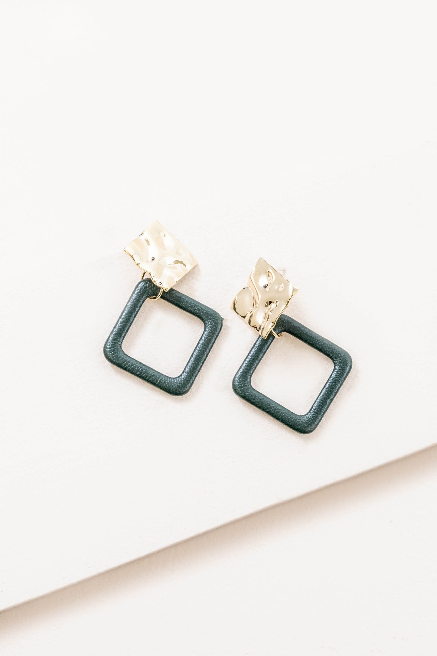 Leatherette and Metal Drop Earrings | Dark Green