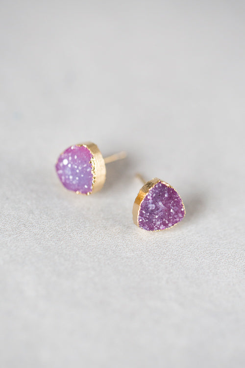 Flat Triangle Magenta Druzy Earrings