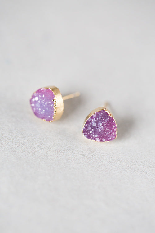 Flat Triangle Magenta Druzy Earrings