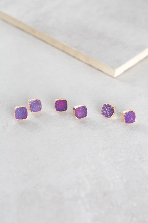 Flat Square Violet Druzy Earrings