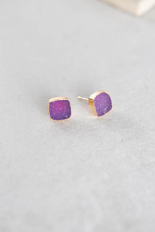 Flat Square Violet Druzy Earrings