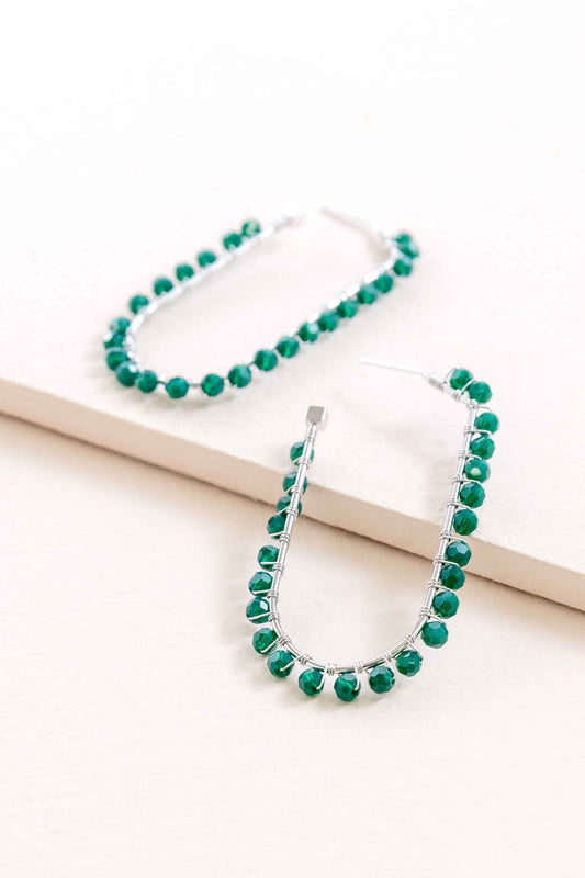 Beaded Racetrack Hoop Earrings | Emerald Green