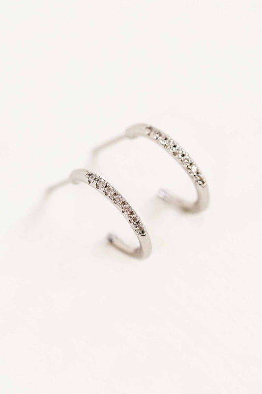 Thin Stone Hoop Earrings | Silver