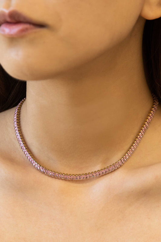 Baguette Stone Tennis Necklace | Pink