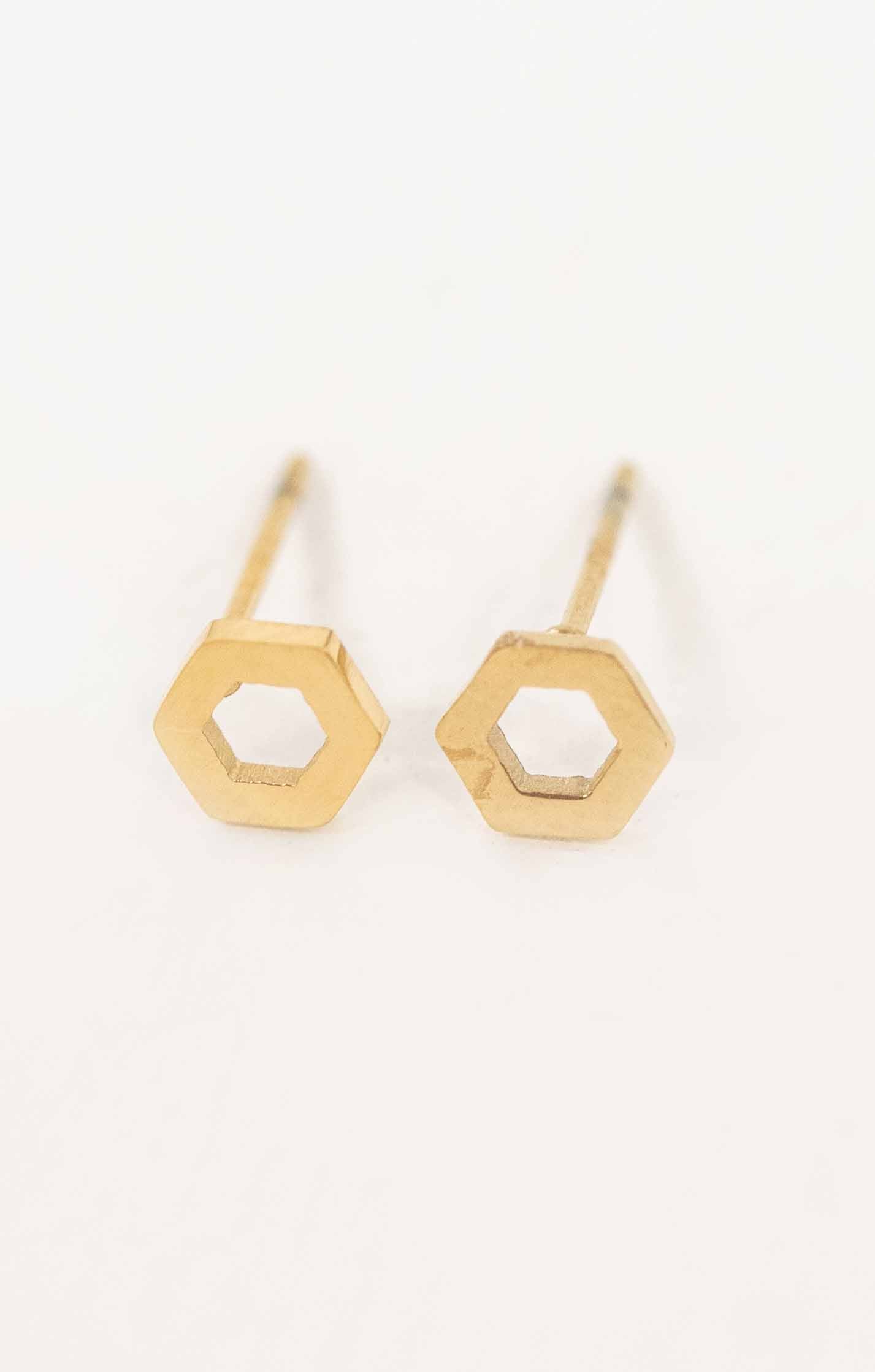 Hexagon Outline Stud Earrings | Gold