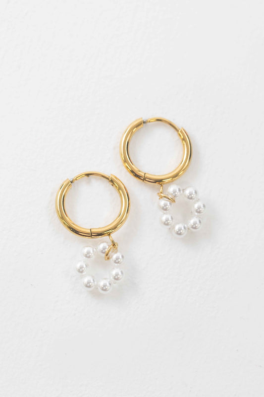 Pearl Circle Charm Huggie Hoop Earrings