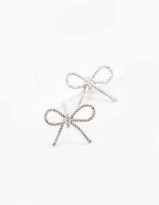 Ribbed Bow Charm Earrings | Silver