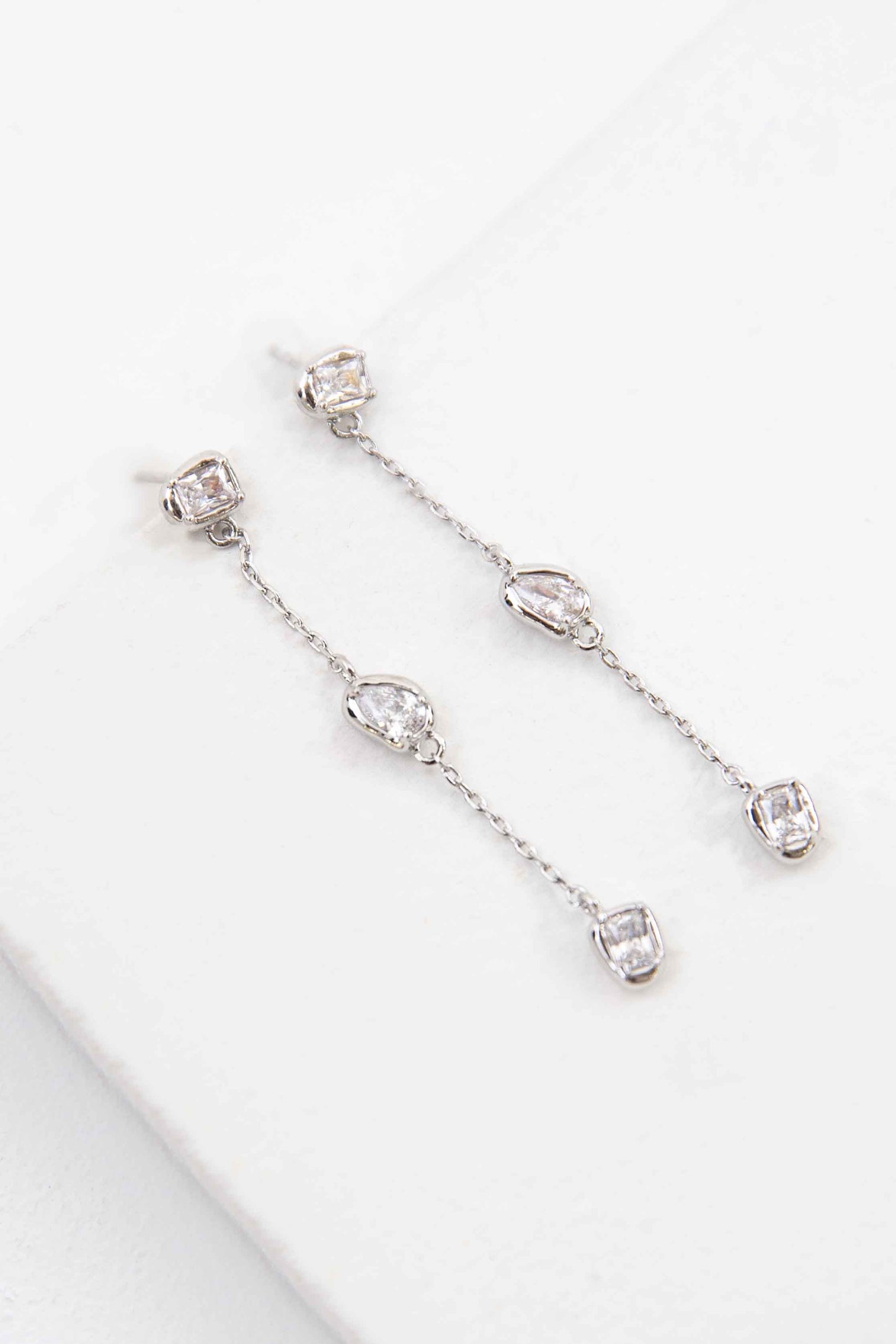 Tri Dangle Stone Earrings | Silver