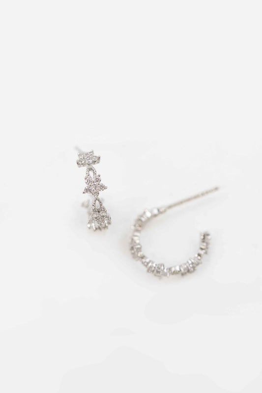 Flower Stone Mini Hoop Earrings | Silver