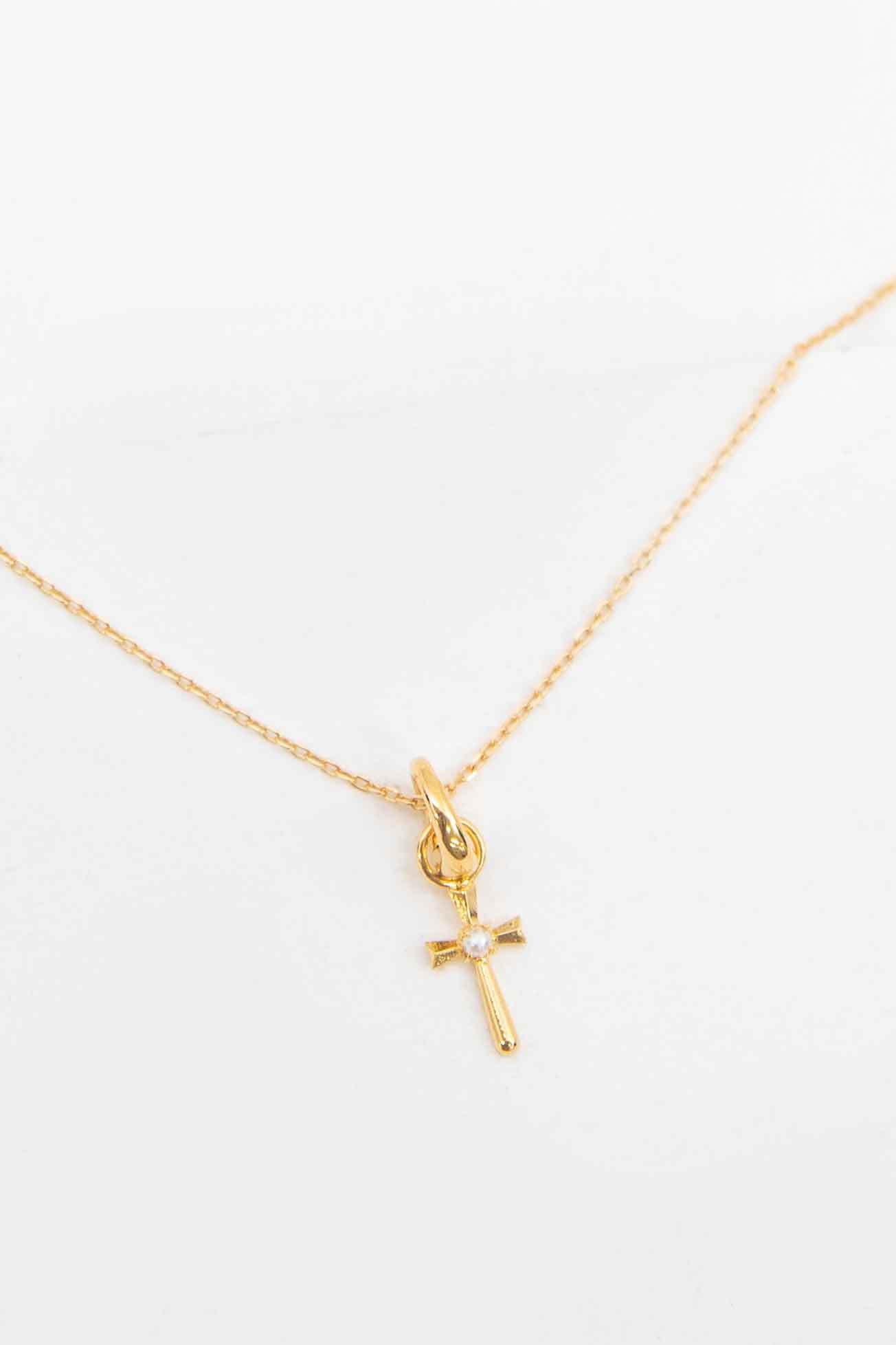 Pearl Cross Charm Necklace | Gold