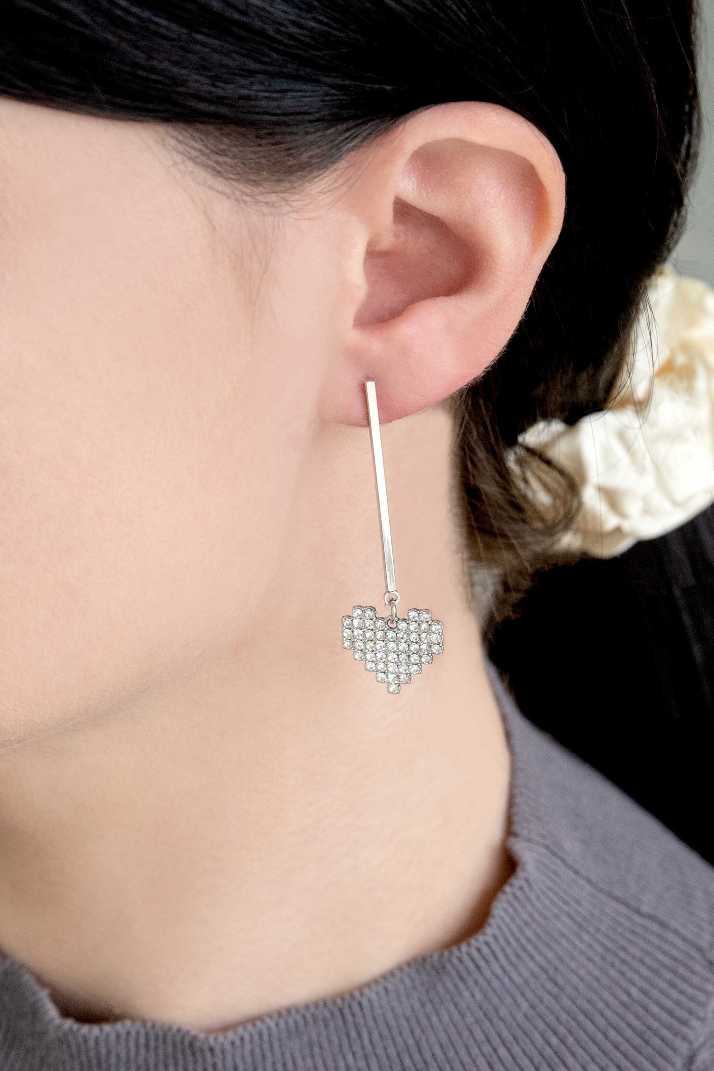 Pixel Heart Drop Earrings | Silver