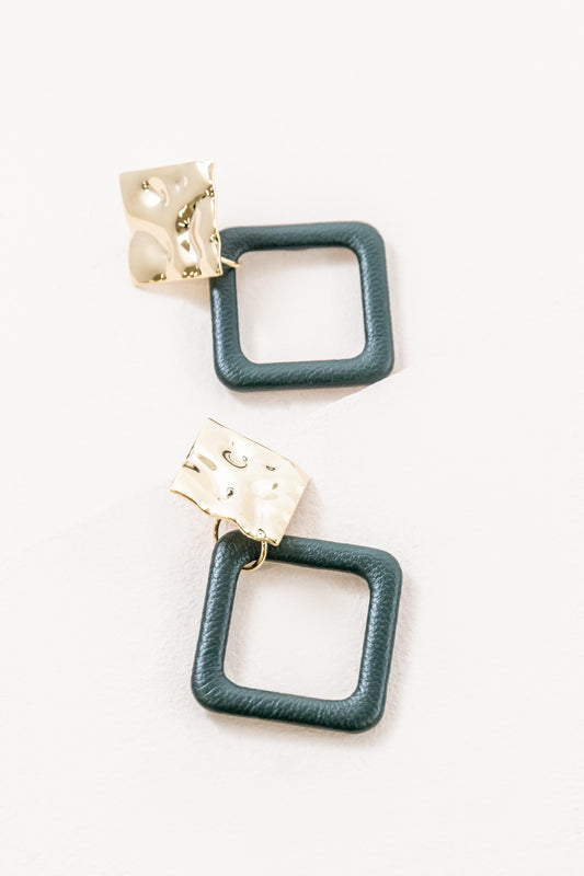 Leatherette and Metal Drop Earrings | Dark Green