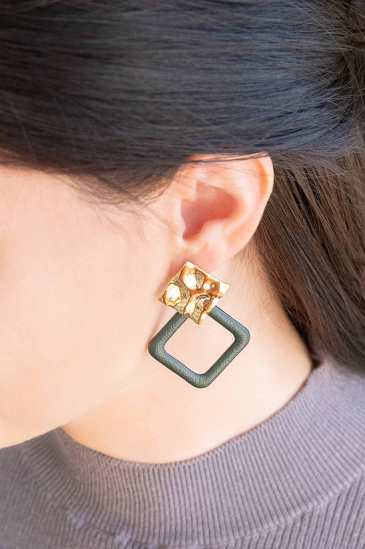 Leatherette and Metal Drop Earrings | Dark Green