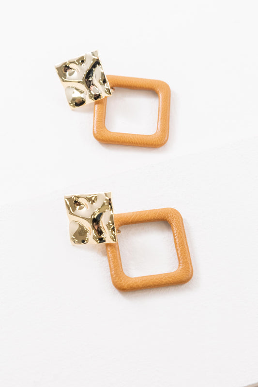 Leatherette and Metal Drop Earrings | Caramel