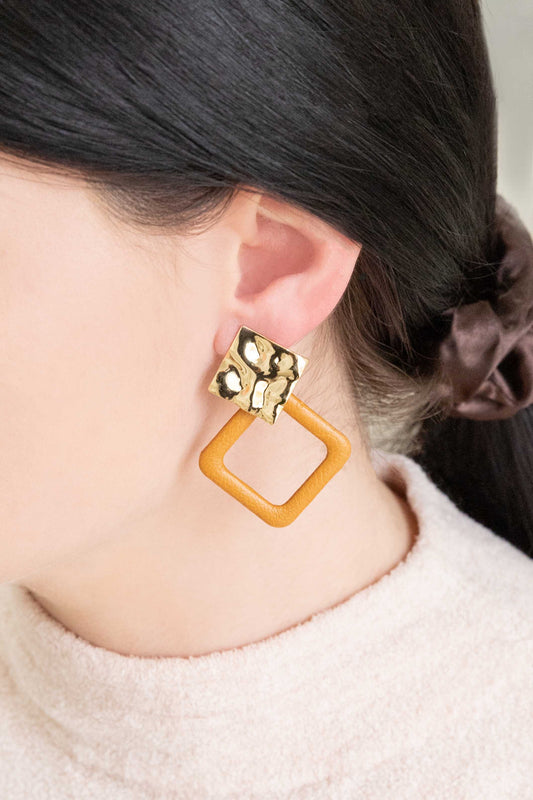 Leatherette and Metal Drop Earrings | Caramel