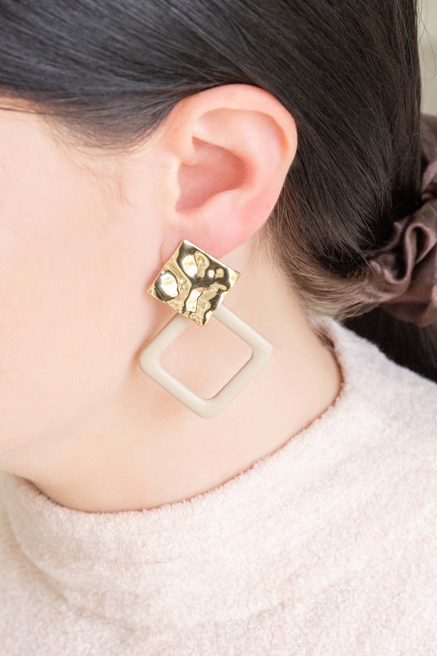 Leatherette and Metal Drop Earrings | Taupe