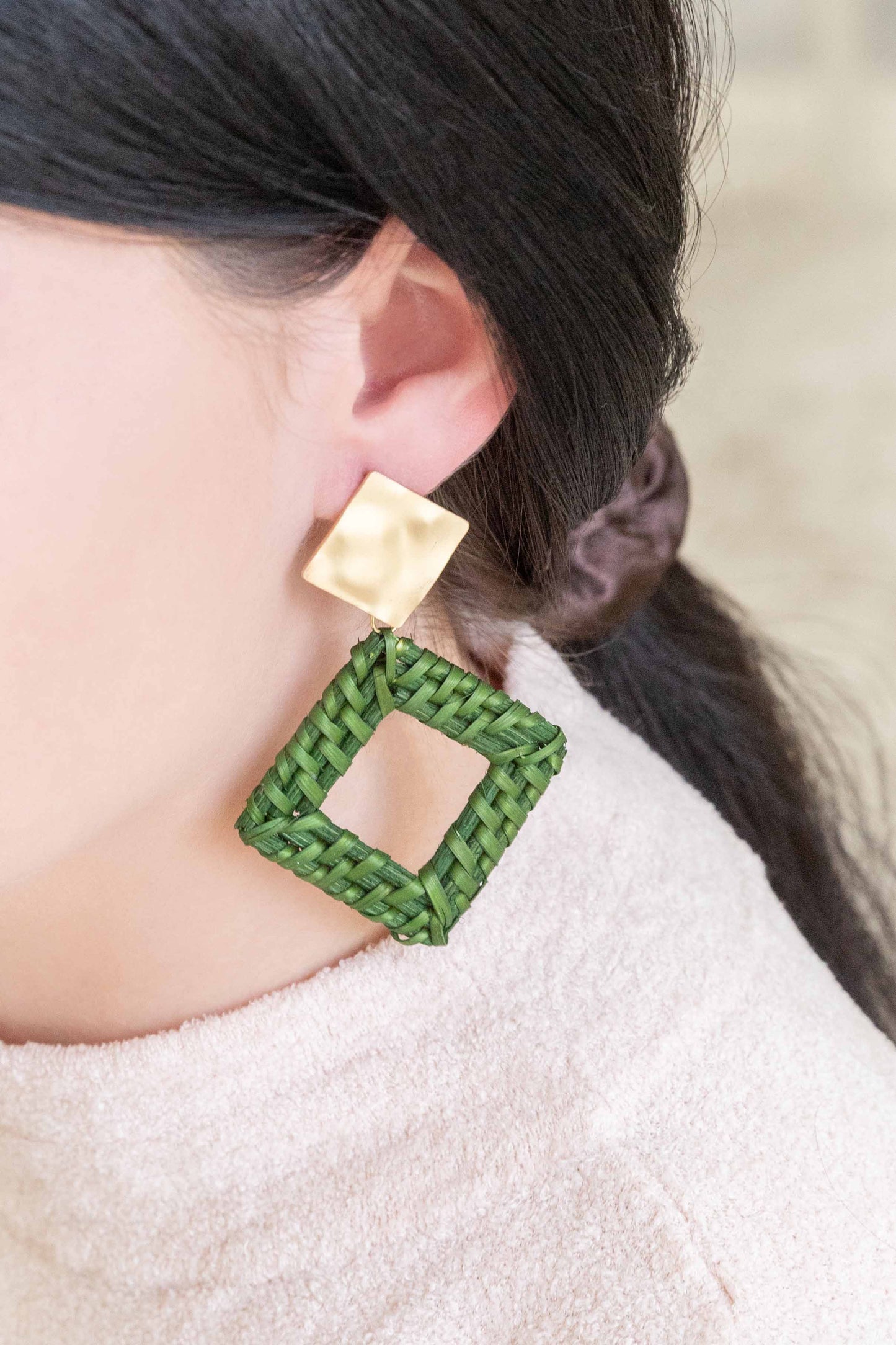 Green Wicker Diamond Shaped Earrings