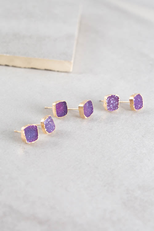 Flat Square Violet Druzy Earrings