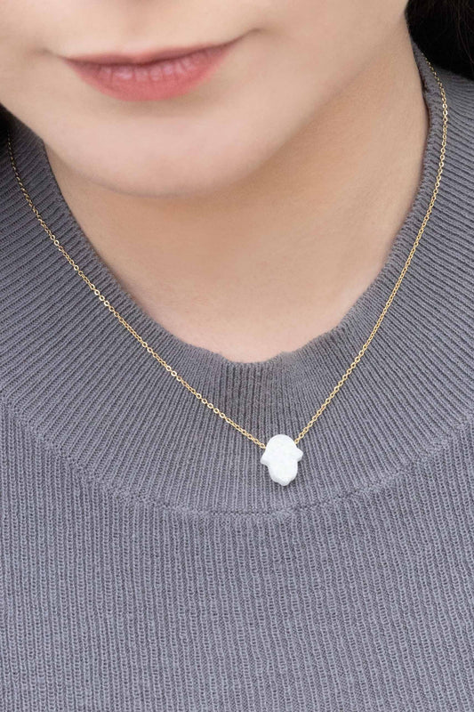 Hamsa Hand Druzy Necklace | Ice White (14K)