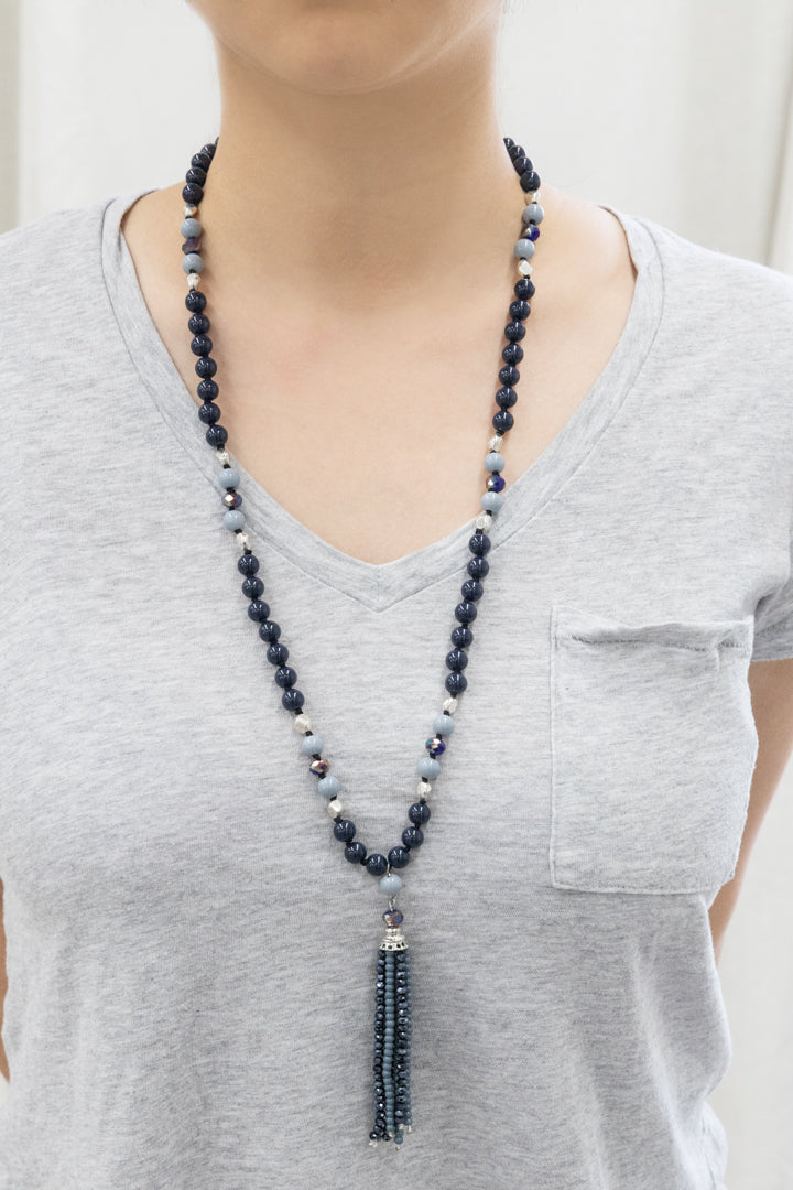 Joelle Beaded Tassel Necklace | Navy Blue