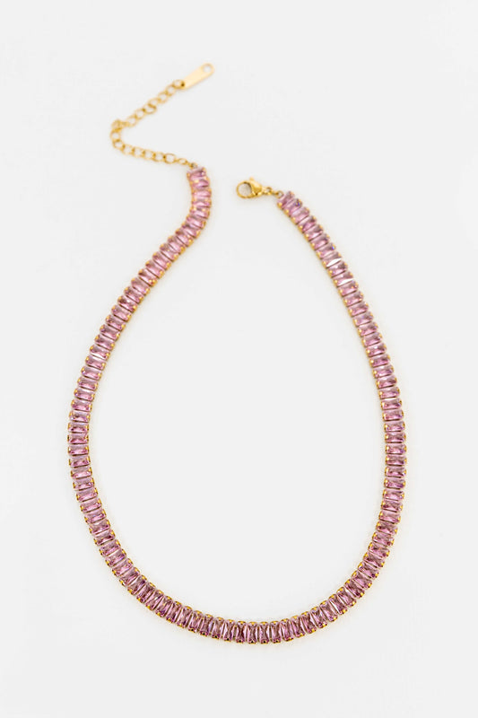 Baguette Stone Tennis Necklace | Pink